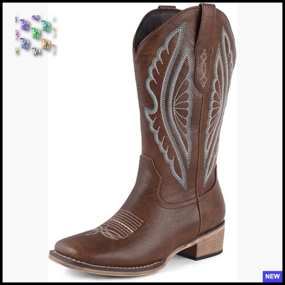Vintage Embroidered Cowgirl Boots Chunky Heel Western Knee High Retro Style